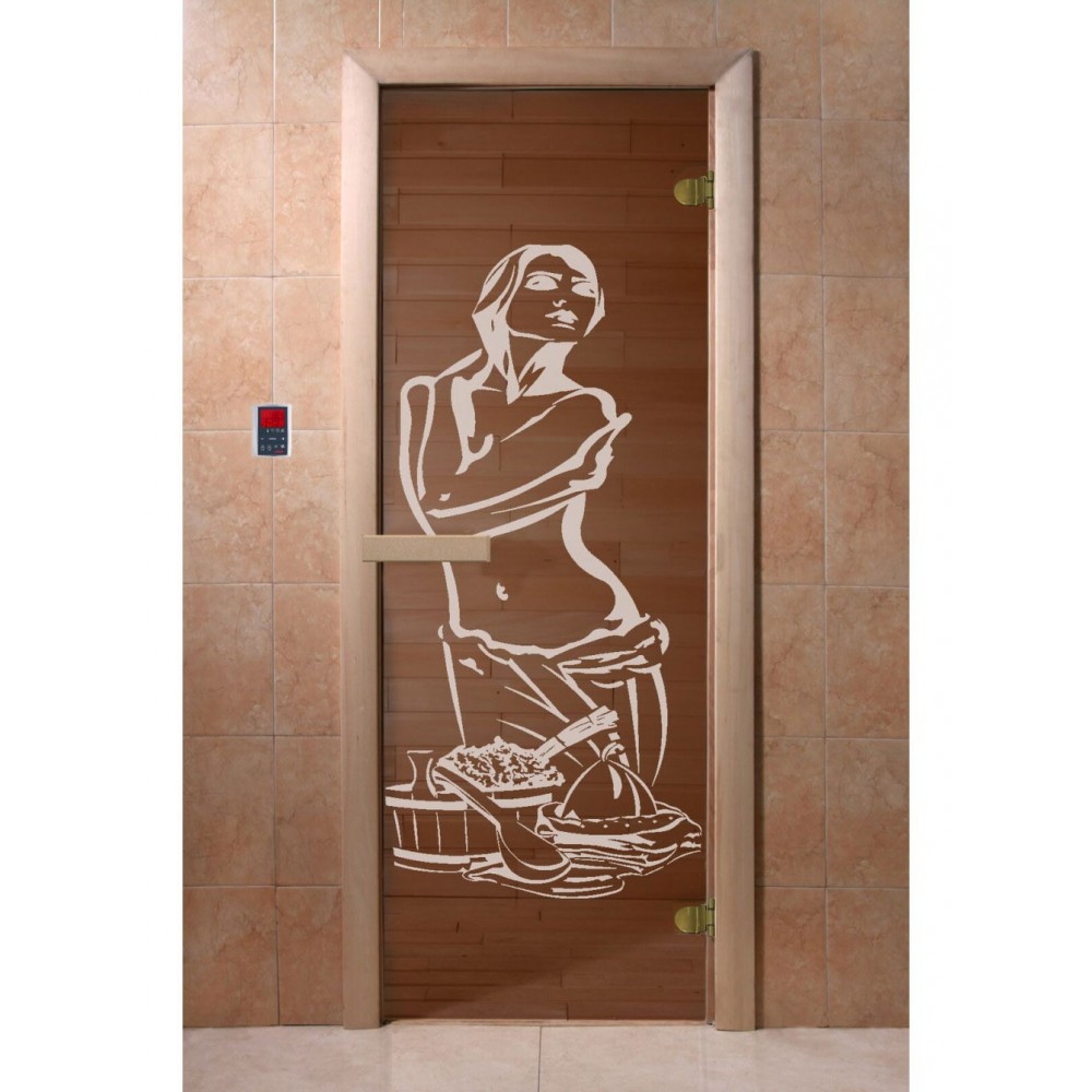Дверь стеклянная DoorWood 700*1900 "Искушение Бронза" стекло бронза прозрачная 6 мм, коробка хвоя, деревянная ручка